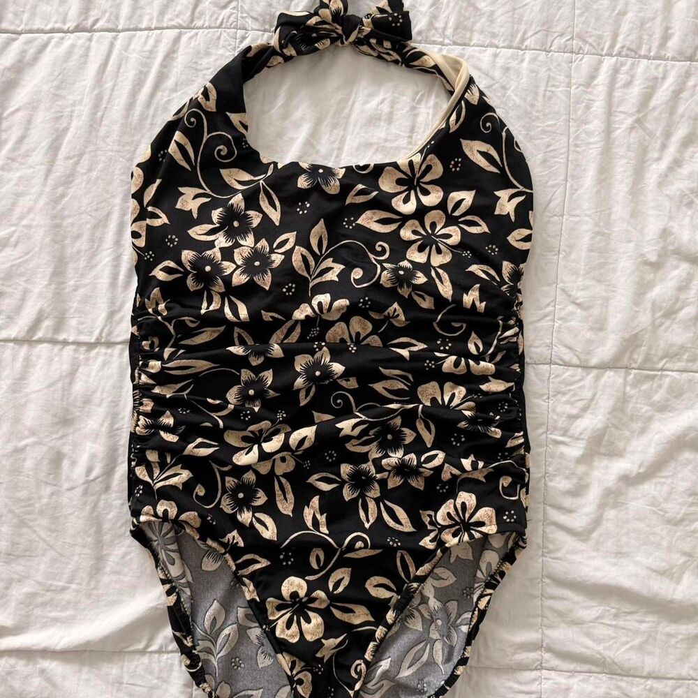 Women's Black and Tan Floral One Piece Halter Swimsuit, Lands End, Size 12
